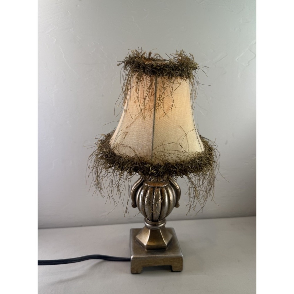 Vintage Antique Bronze Mini Accent Lamp Fringed Fabric Bell Shade Nightlight 13"